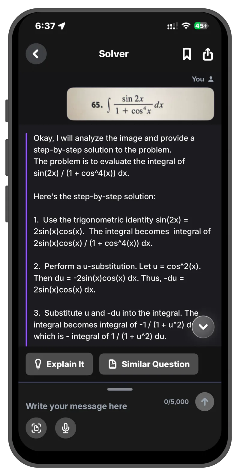 Solver AI solving an integral step by step